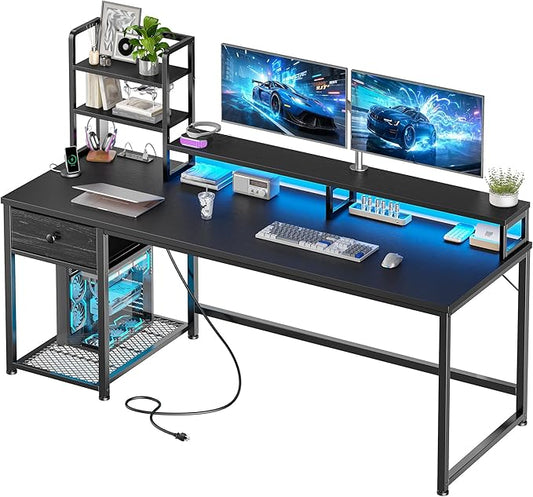 EnHomee 55 Inch Gaming Desk with Hutch and Drawers,Reversible Computer Desk with Monitor Shelf,Home Office Desks with USB Power Outlets and Storage,Pc Work Desk for Office with LED Lights,Black