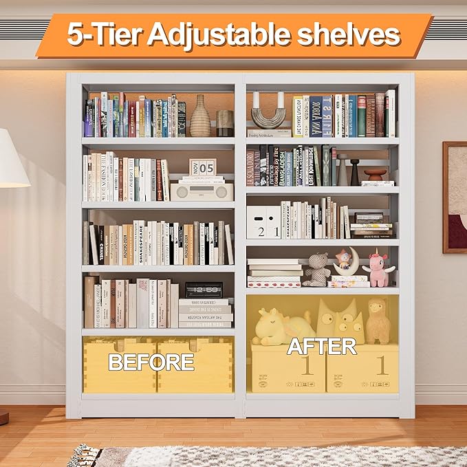5-Tier Industrial White Metal Bookshelf - Freestanding Tall Storage Organizer for Living Room & Home Office, BSJ175-2