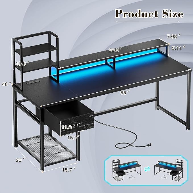 EnHomee 55 Inch Gaming Desk with Hutch and Drawers,Reversible Computer Desk with Monitor Shelf,Home Office Desks with USB Power Outlets and Storage,Pc Work Desk for Office with LED Lights,Black