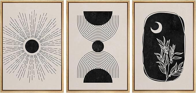 IDEA4WALL Framed Canvas Print Wall Art Set Geometric Shining Sun Crescent Moon Tree Polygons Abstract Shapes Illustrations Modern Art Nordic for Living Room, Bedroom, Office - 16"x24"x3 Natural