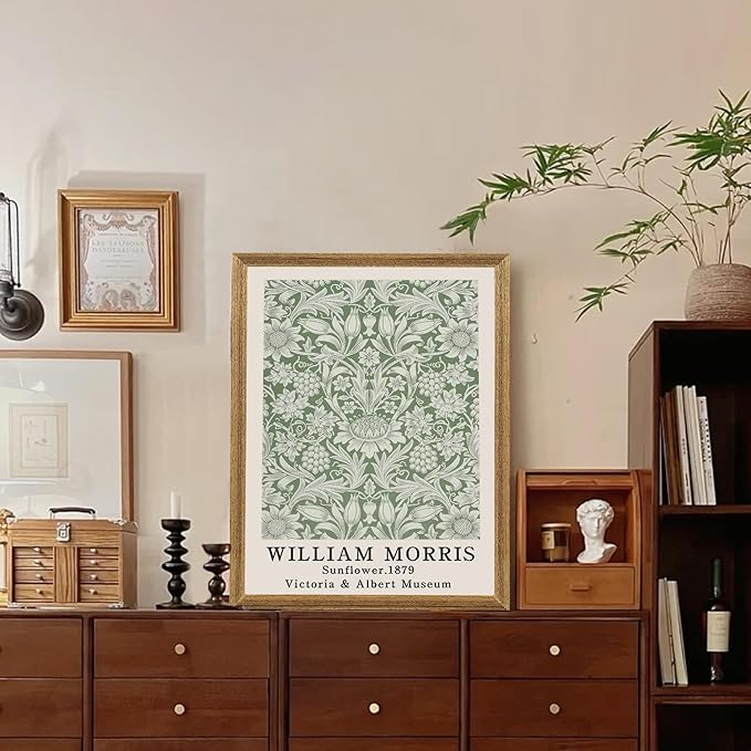 SYWENNOI 3 Pieces William Morris Textured Canvas Wall Art, Pink Beige and Sage Green Neutral Botanical Designs Wall Decor, Vintage Floral Art Prints for Living Room Bedroom Offices 12x16 Wood Frames