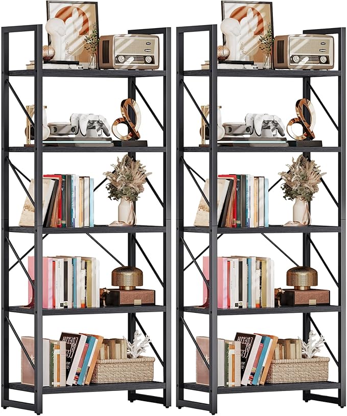 DWVO 5 Tier Bookshelf 2 Pack, Black Bookcase Storage Organizer, Modern Book Shelf Storage Rack Shelves for Bedroom, Living Room, Home Office, Black