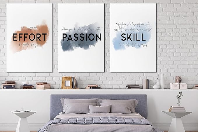 SHMAO Office Canvas Wall Art Motivational Wall Decor, 3 Piece Effort Passion Skill Print Pictures for Office Wall Decor Women Inspirational Framed Artwork Home Office Decor 24”x36”x3 Panels