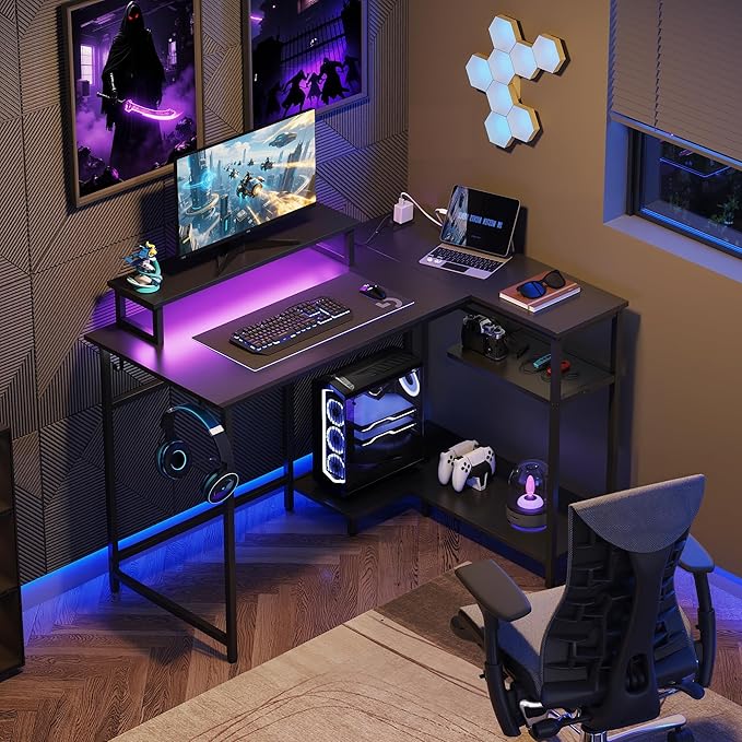 DEVAISE 43 Inch L Shaped Gaming Desk with LED Lights & Power Outlets, Corner Desk for Small Spaces, Sturdy PC Computer Table with Storage for Home Office, Black