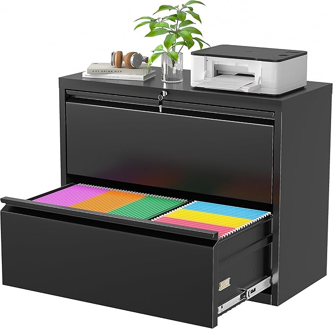 Superday Lateral File Cabinet, 2 Drawer File Cabinet with Lock, Black Filing Cabinets with Lock, Metal Filing Cabinets for Home Office/Legal/Letter/A4, Home Office Furniture for Hanging File