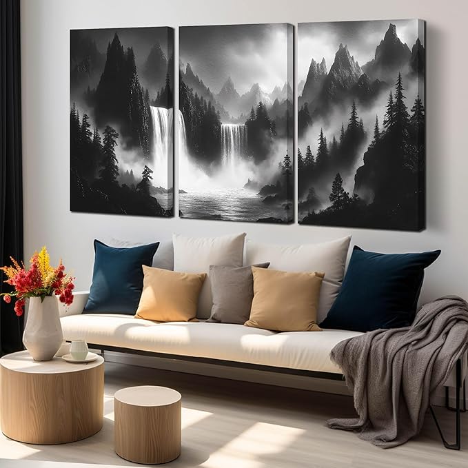 Waterfall Canvas Wall Art for Living Room - Mountains Pictures Wall Art for Office - Modern 3 Piece Large Wall Art for Bedroom Size 24" x 36"