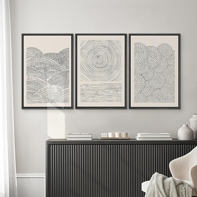 SIGNWIN Framed Canvas Print Wall Art Set Geometric Spiral Ring Wave Pattern Abstract Shapes Cozy Neutral Modern Art Decorative Contemporary Minimal for Living Room, Bedroom, Office - 24"x36"x3 Black
