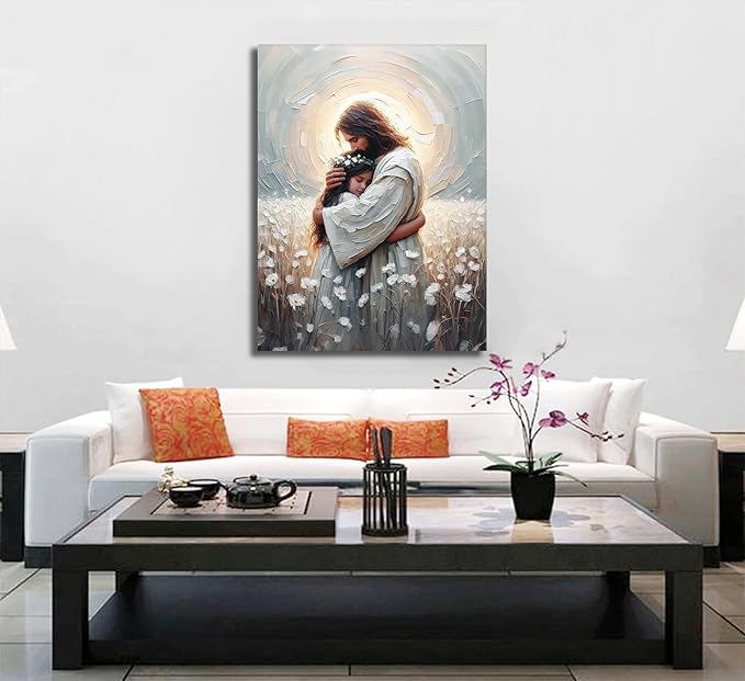 Christian Canvas Wall Art -His Love- Jesus Hugging Girl Painting Safe Haven Posters Bible Prints Jesus Picture Jesus with Children Wall Decor framed