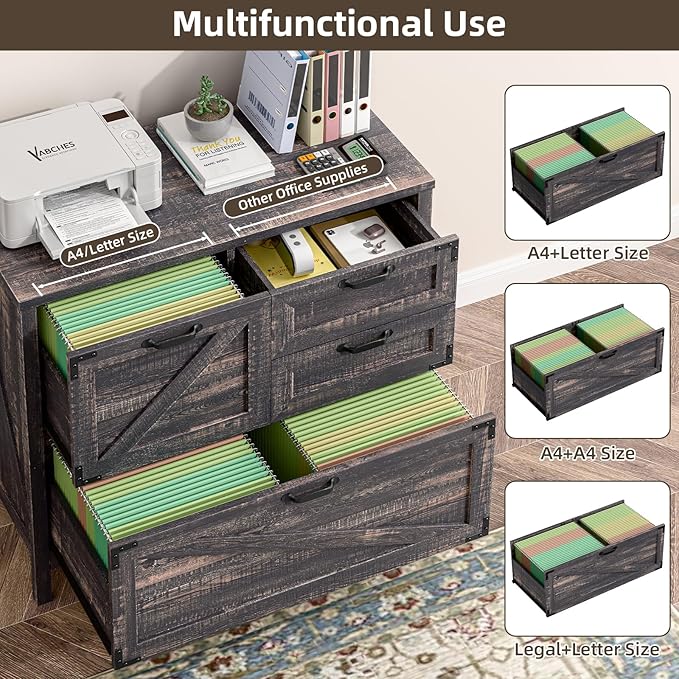 Vabches 4-Drawer Wood Lateral File Cabinet for Hanging Files Letter/A4/Legal Size, Large Farmhouse File Cabinets for Home Office, Printer Stand with Office Cabinets, Office Furniture, Dark Rustic Oak