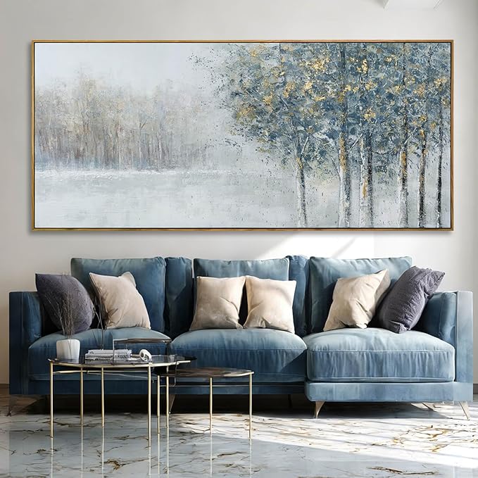 ZENPEE Blue Abstract Wall Art and Grey Tree Textured Forest Scene, 32x71 Oversized Canvas Wall Decor for Living Room Bedroom Entryway