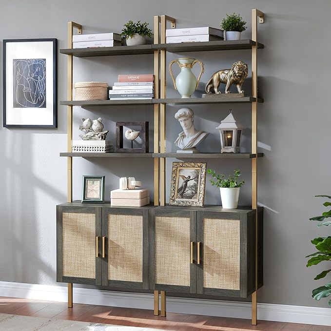 5 Tier Book Shelf Set of 2, 73" Tall Bookshelf with Storage, Modern Bookcase with Shelves, Wall Mount Ladder Shelf with Steel Frame, Bookshelves with Rattan Cabinet for Living Room (Midnight Oak)
