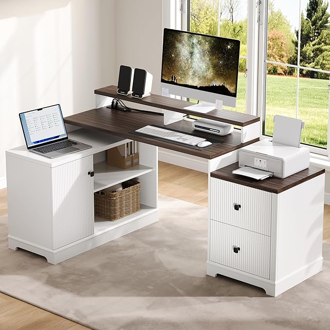 67" L Shaped Executive Desk with Drawers & Storage Shelf, Corner Computer Desk with Power Outlets, Home Office Desk with Monitor Stand, Printer Shelf, Computer Writing Desk for Work, Antique White