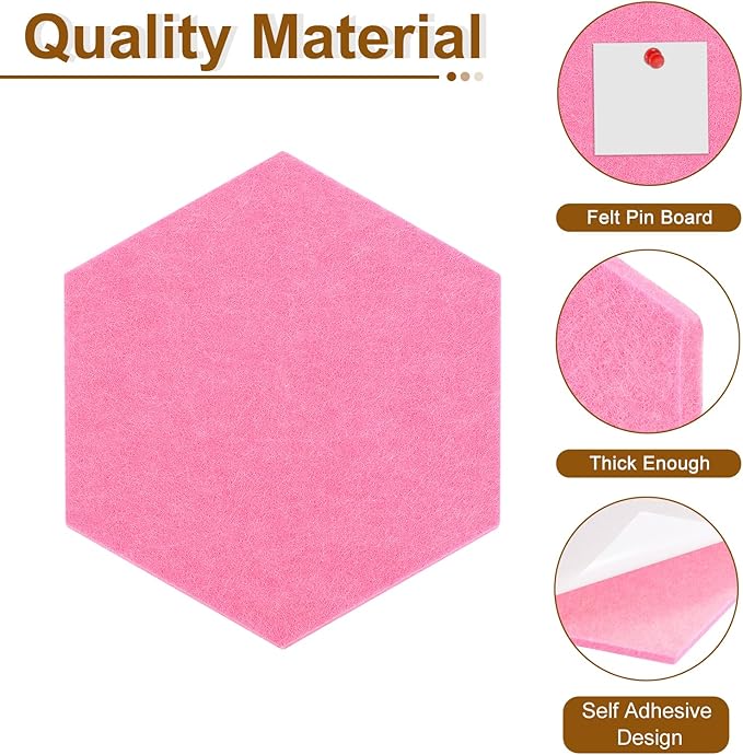uxcell 6 Pcs Hexagon Felt Pin Board with 40 Pcs Pushpins 8.7" x 7.5" Self Adhesive Felt Bulletin Board Cork Boards for Walls Decorations Paste Notes Photos Schedules, Pink