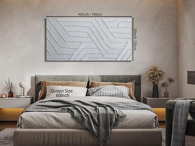 Arjun Modern Abstract Textured Wall Art Geometric Silver Grey Canvas Painting,Hand Painted Large Artwork Framed Picture for Living Room Bedroom Home Office Wall Decor 40"x20"