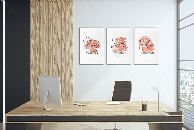 SHMAO Red Office Canvas Wall Art Motivational Wall Decor, 3 Piece Stay Work Make Print Pictures for Office Wall Decor Women Inspirational Framed Artwork Home Office Decor 12”x18”x3 Panels