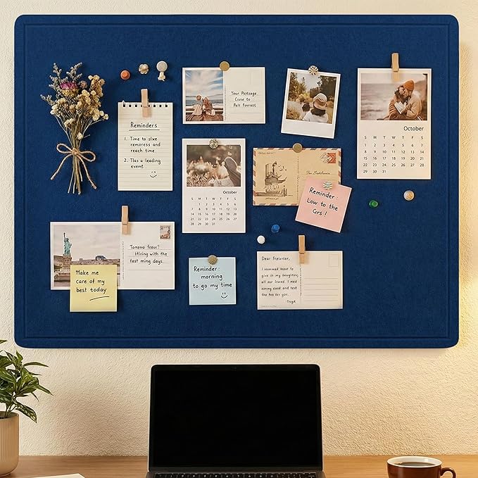 AKTOP Cork Bulletin Board 36" x 48", Large Foldable Felt Notice Pin Board for Wall, Decorative CorkBoard Photo Display Board with Self-Adhesive Tape for Office, School & Home, 25 Pushpins, Blue