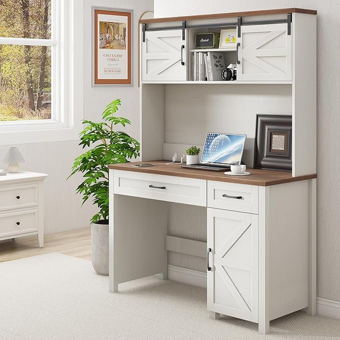 Farmhouse 47" Executive Desk, Computer Desk with 2 Drawers, LED Light and Storage Cabinet, Home Office Desk with Hutch, Charging Hub, Workstation for Home Office and Study,(Unique White