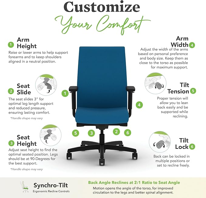HON Ignition 2.0 Fabric Office Chair, Upholstered, Adjustable Arms, Advanced Synchro-Tilt Recline Executive Ergonomic Office Chair, Black Frame, Peacock