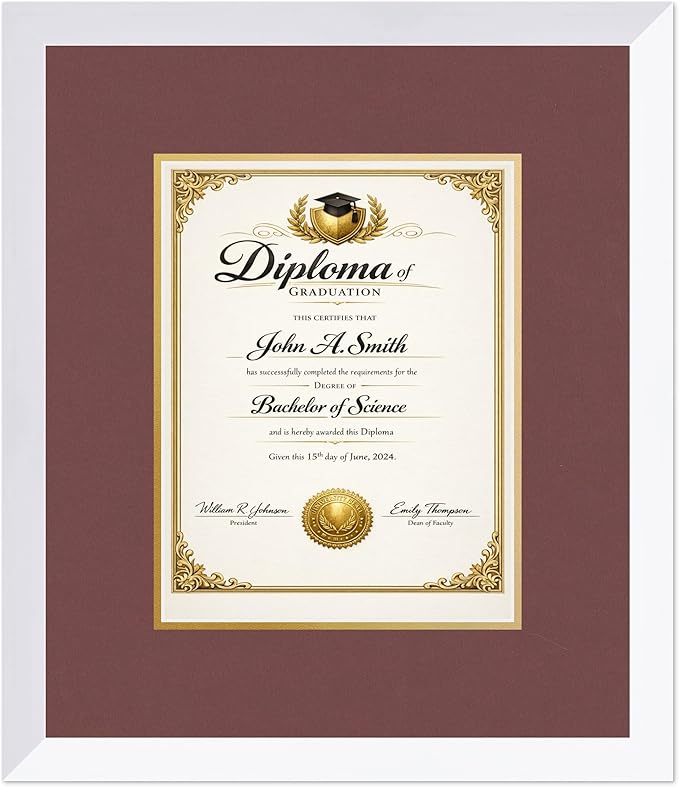 CountryArtHouse Diploma Frame Fits 8.5 x 11 Certificate (Portrait) - Keepsake Graduation Display Bright White Genuine Hardwood with Dark Red Over Metallic Gold Double mat