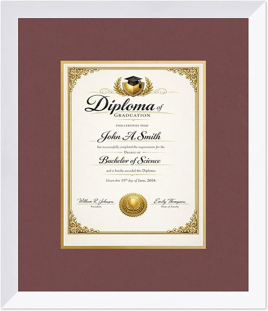 CountryArtHouse Diploma Frame Fits 8.5 x 11 Certificate (Portrait) - Keepsake Graduation Display Bright White Genuine Hardwood with Dark Red Over Metallic Gold Double mat