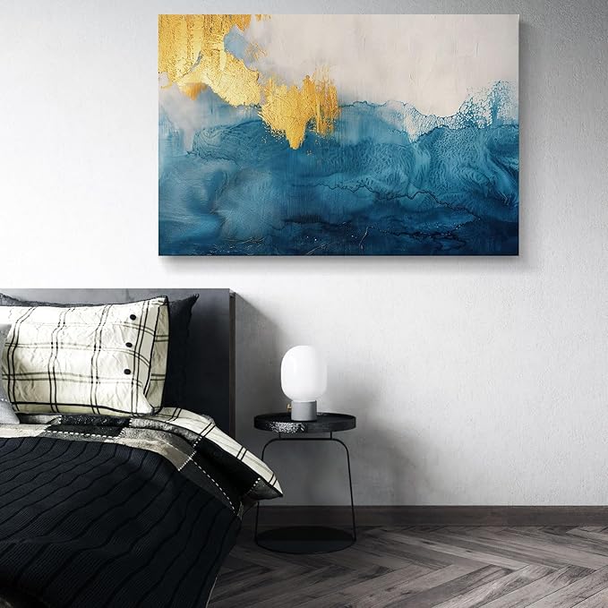 gaosoul Modern Canvas Wall Art Blue Gold Leaf Abstract Painting Prints Minimalism White and Light Blue Tranquility Poster for Living Room Bedroom Office Decor Framed 48x32in