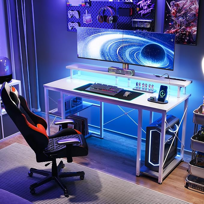 ODK 48 inch Gaming Desk with LED Lights & Power Outlets, Computer Desk with Monitor Stand & Storage Sheves, CPU Stand, Home Office Desk, White