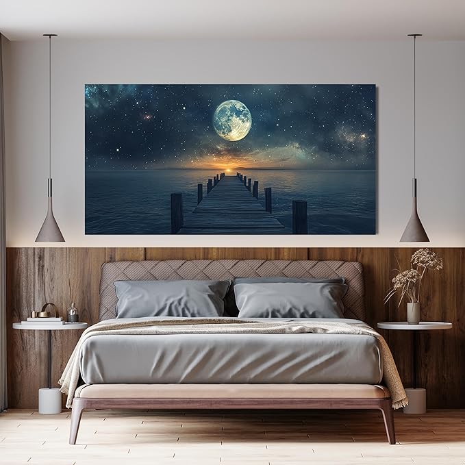 Canvas Wall Art Decor Large Wall Art Pictures for Living Room Canvas Art Wall Decor Landscape Coastal Wall Art Blue Artwork for Walls Prints Star Moon Art Work for Home Office Wall Decor 29"x58"