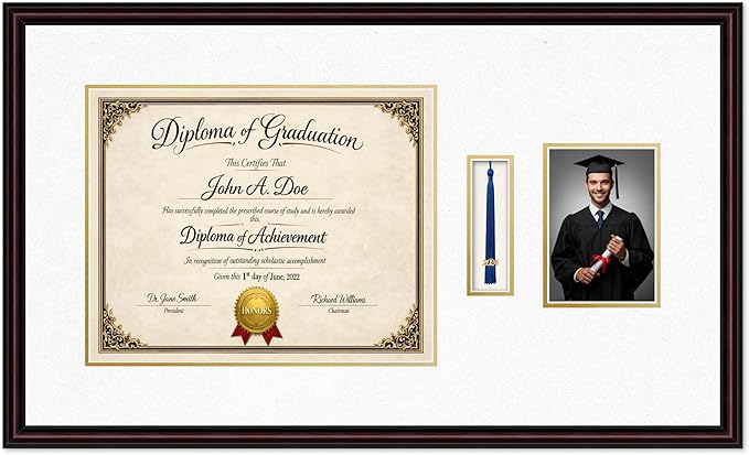 Diploma Tassel and Photo Frame Executive Brown Shadowbox Oyster Shell Over Gold Mat - Fits 15 x 12 Degree Picture Made in the USA