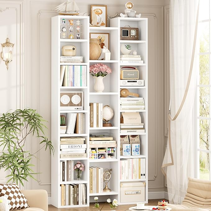 FOTOSOK 71'' White Bookshelf with 21 Cubes, 8 Tier Triple Wide Tall Bookshelf with 8 Adjustable Shelves, 35" Large Bookcase DVD/CD Media Tower Storage, Freestanding Display Shelf Cabinet, White