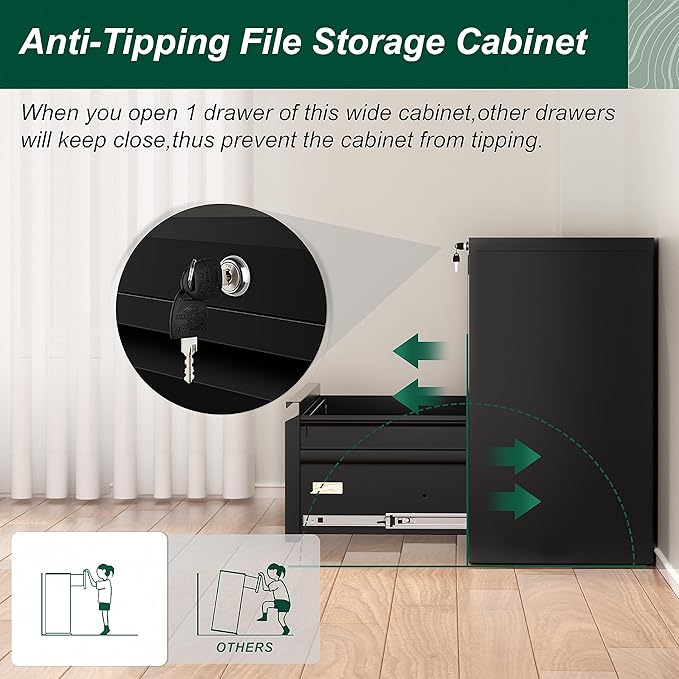 Superday Lateral File Cabinet, 2 Drawer File Cabinet with Lock, Black Filing Cabinets with Lock, Metal Filing Cabinets for Home Office/Legal/Letter/A4, Home Office Furniture for Hanging File