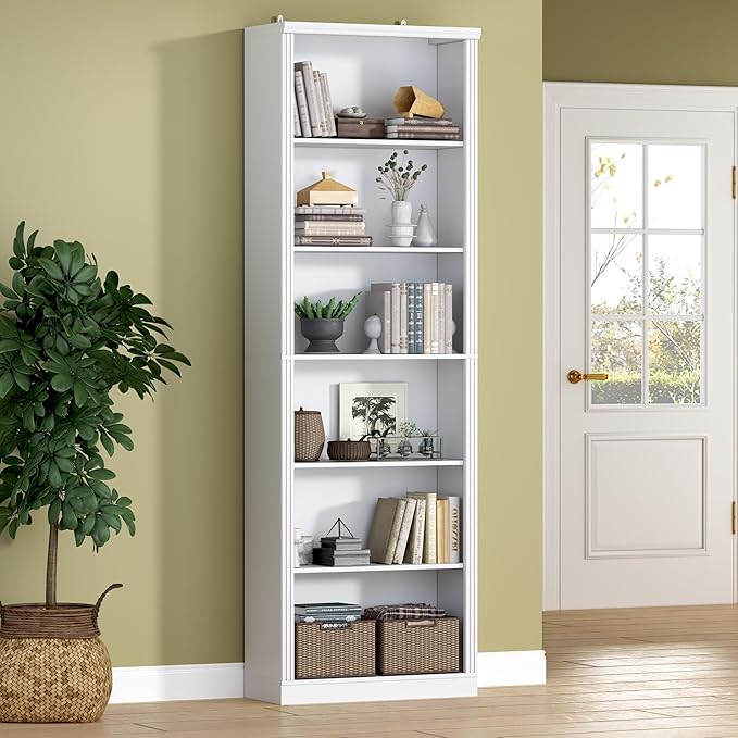 75" Tall Bookshelf, 6-Tier Floor Standing Bookcase with 2 Adjustable Shelves, 24" Wide Open Storage Shelf, Modern Display Organizer for Home Office, Living Room, Bedroom, Study