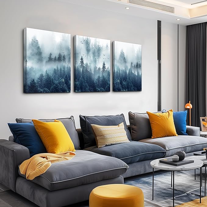 Misty Forests 3-Piece Framed Canvas Wall Art - Trees Landscape Pictures for Living Room, Bedroom, Office - Modern Wall Posters Home Decor