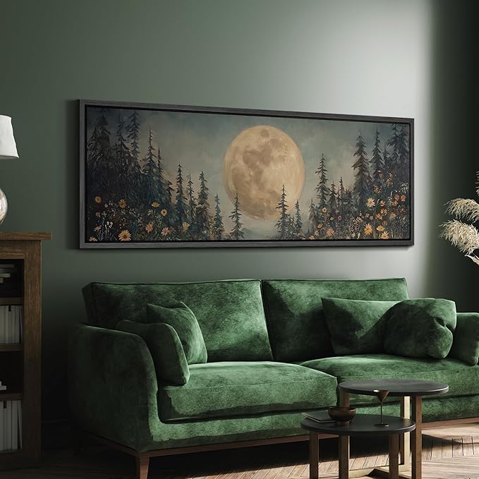 SIGNFORD Large Framed Canvas Moonlit Forest with Wildflowers Mystical Illustrations Modern Art Calm Warm for Living Room, Bedroom, Office - 60"x20"