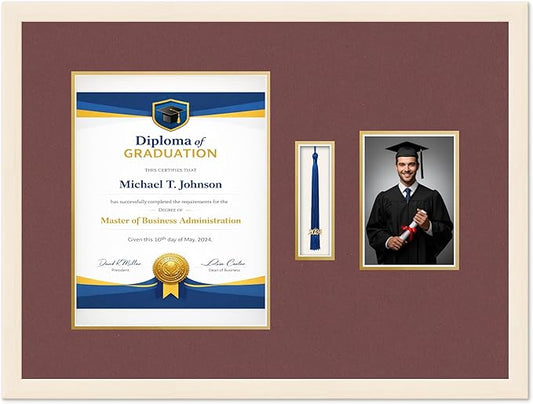 Diploma Tassel and Photo Frame Coastal Whitewash Shadowbox Dark Red Over Gold Mat - Fits 10 x 13 Degree Picture Made in the USA