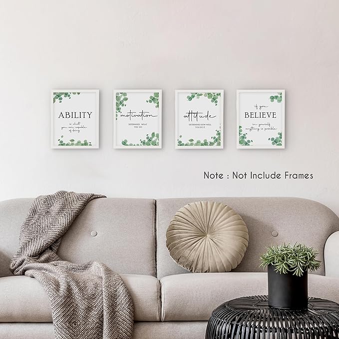 HRQKO Office Inspirational Quotes Wall Art Poster Prints Set of 4, Motivational Wall Art, Eucalyptus Decor Artwork Prints Posters Wall Decor, Affirmations Prints for Office Women Men 8”x10” Unframed