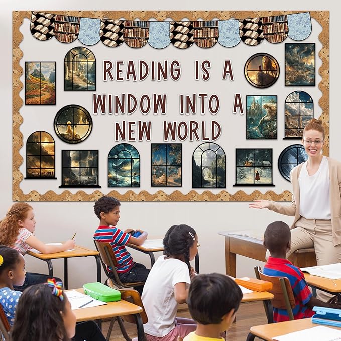 Reading Bulletin Board Set Positive Classroom Decorations Reading is A Window Into A New World Fairy Theme Cutouts for Back to School Library Home Office Decor Teacher Student Magic Party Decoration