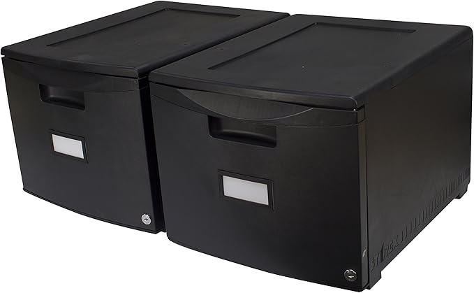 Storex Plastic One-Drawer File Cabinet – Locking Document Organizer for Home and Office, Black, 2-Pack (61265A02C)
