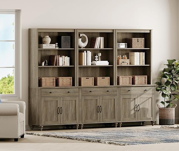 WAMPAT Wash Grey Bookcase with Drawers and Doors Set of 3, 5 Tier Bookshelf, 72'' Tall Book Case Shelf, Large Wood Bookcases Farmhouse Bookshelves for Living Room Bedroom Home Office Kitchen