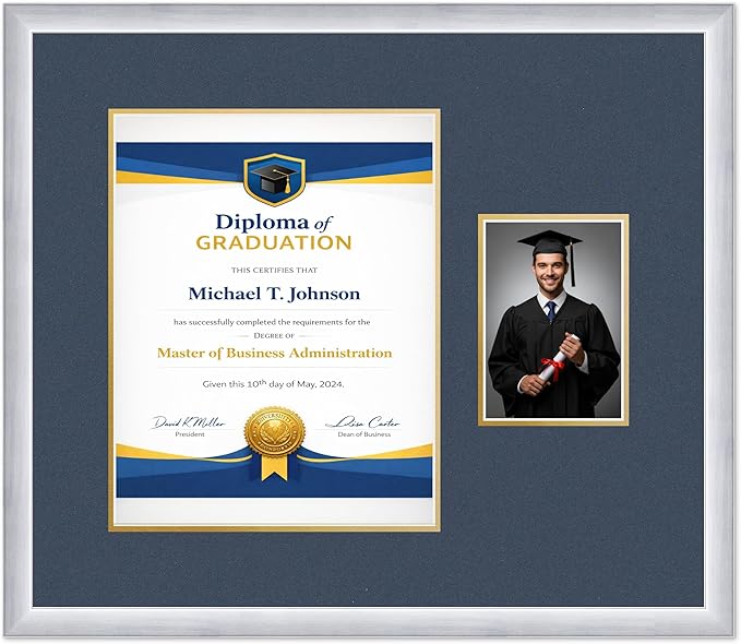 Diploma Frame With Photo Opening Stainless Silver Navy Blue Over Gold Mat - Fits 11 x 14 Degree and Picture Made in the USA