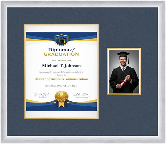 Diploma Frame With Photo Opening Stainless Silver Navy Blue Over Gold Mat - Fits 11 x 14 Degree and Picture Made in the USA
