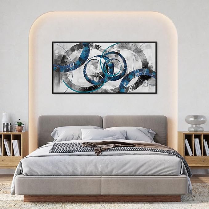 XLSJERST Wall Art for Living Room - Abstract Wall Decor Blue and Gray Canvas Picture Print Framed Artwork for Bedroom Office Home Decoration - 58x29 Inches