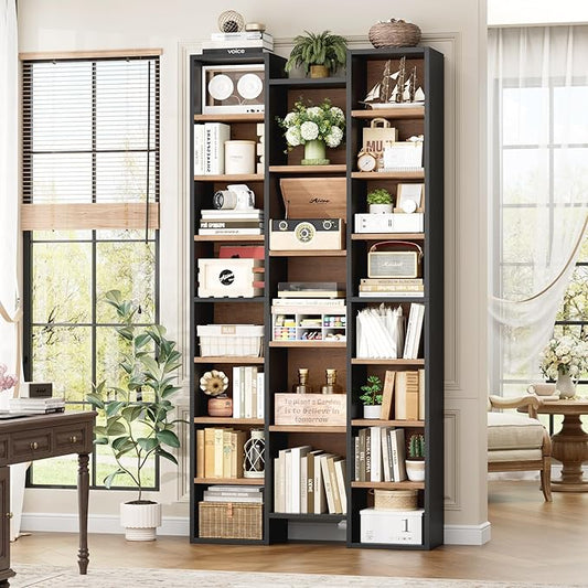 FOTOSOK 71'' Tall Bookshelf with 21 Cubes, 8 Tier Triple Wide Bookshelf with 8 Adjustable Shelves, 35" Large Bookcase DVD/CD Media Tower Storage, Freestanding Display Shelf Cabinet, Black/Brown