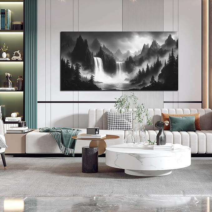 Waterfall Living Room Pictures Wall Decor - Black and White Mountain Wall Art for Bedroom - Large Canvas Wall Art for Office Size 29" x 59"