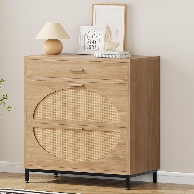 Lateral File Cabinet with 3 Drawers, Eco Rattan Wood File Cabinet for Home Office, Large Filing Storage Cabinets Printer Stand for Letter/Legal/A4 Size Hanging File
