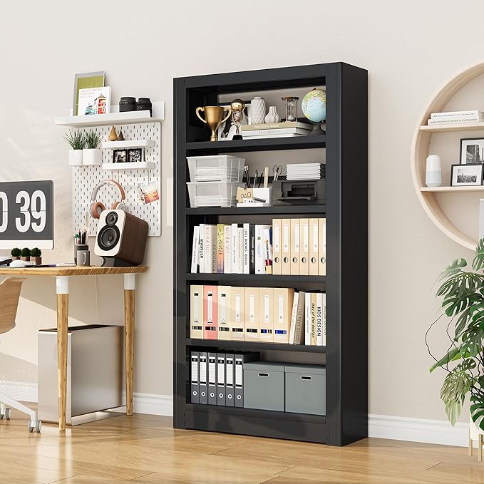 Large Metal Bookcase, 69” Modular Bookshelf with Storage, 5 Tier Bookcase with Adjustable Shelves, Extra Tall Book Shelves, Modern Book Case for Library, Office, Entryway, Living Room（Black）