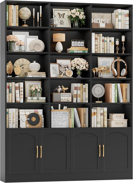 FACBOTALL 82.3" Triple Wide Bookshelf, 7-Tier Tall Bookcase with 15-Cube Open Bookshelf & 4 Doors, Large Bookshelf with Storage Cabinet, Modern Bookshelf for Living Room, Office, Study Room, Black
