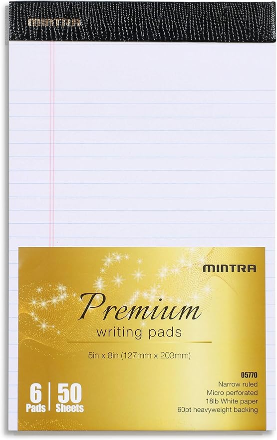 Mintra Office White Legal Pads – Ruled Notepads and Micro-Perforated Sheets, Ideal for Writing, Note-Taking & Creativity, Office, or Professional Use, Premium Pad 6 pack, 5"x8" (Narrow Ruled)