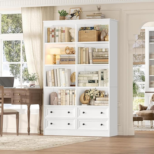 FINETONES 71" Tall Bookshelf with 4 Drawers, 6-Tier Double Wide Bookshelves and Bookcases with Storage, White Bookshelf Large Open Bookshelves Standing Book Cabinet for Home Office, White