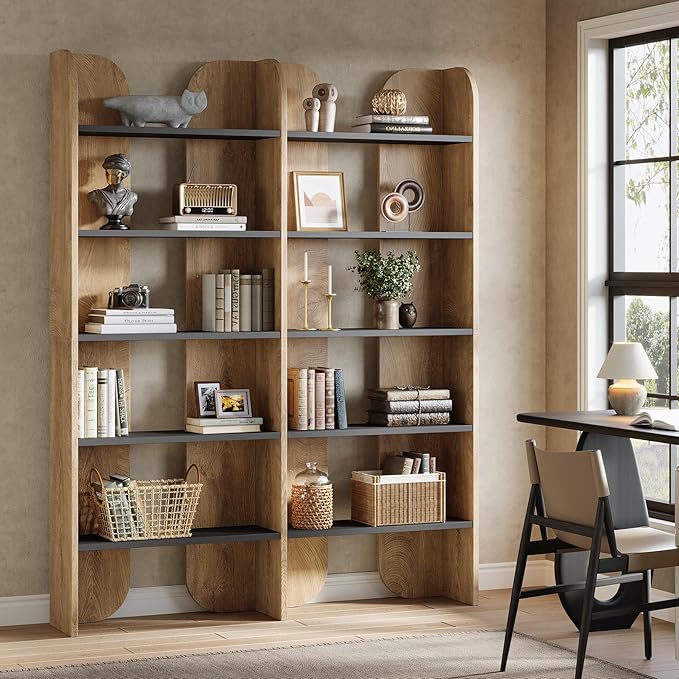Tribesigns 5-Tier Farmhouse Bookshelf, 70.87-Inch Tall Double Wide Bookcase with Open Shelves, Vintage Floor Standing Book Shelf (1, Brown+Black)