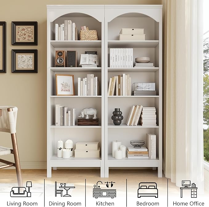 71" H Tall Bookshelf & Bookcase, Farmhouse Arched Book Shelf with 5-Tier Open Shelves, Wooden Bookcase Freestanding Display Bookshelves for Bedroom, Living Room, White